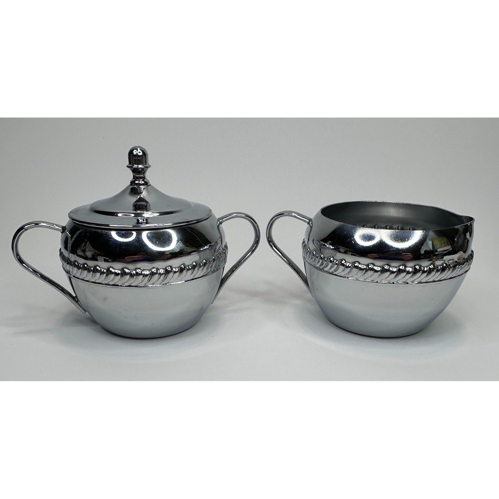 Vintage Irvinware Sugar & Creamer Serving Set Chrome Tone Makers Mark MCM USA